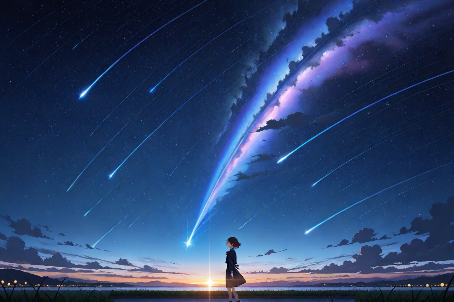 夕暮れと星降