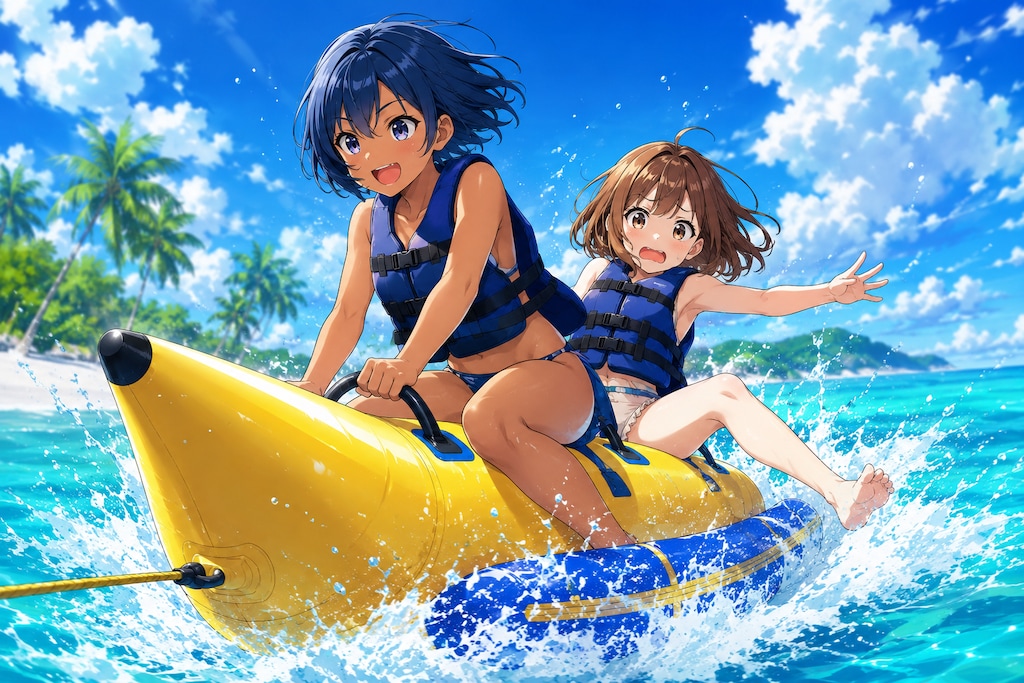 バナナボートで楽しんじゃう女子