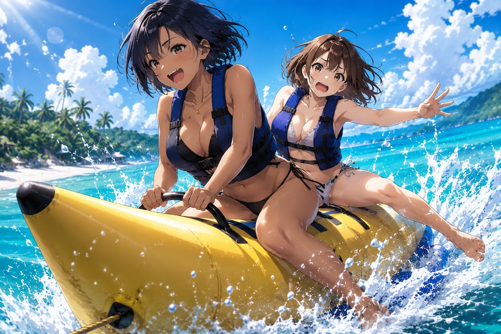 バナナボートで楽しんじゃう女子