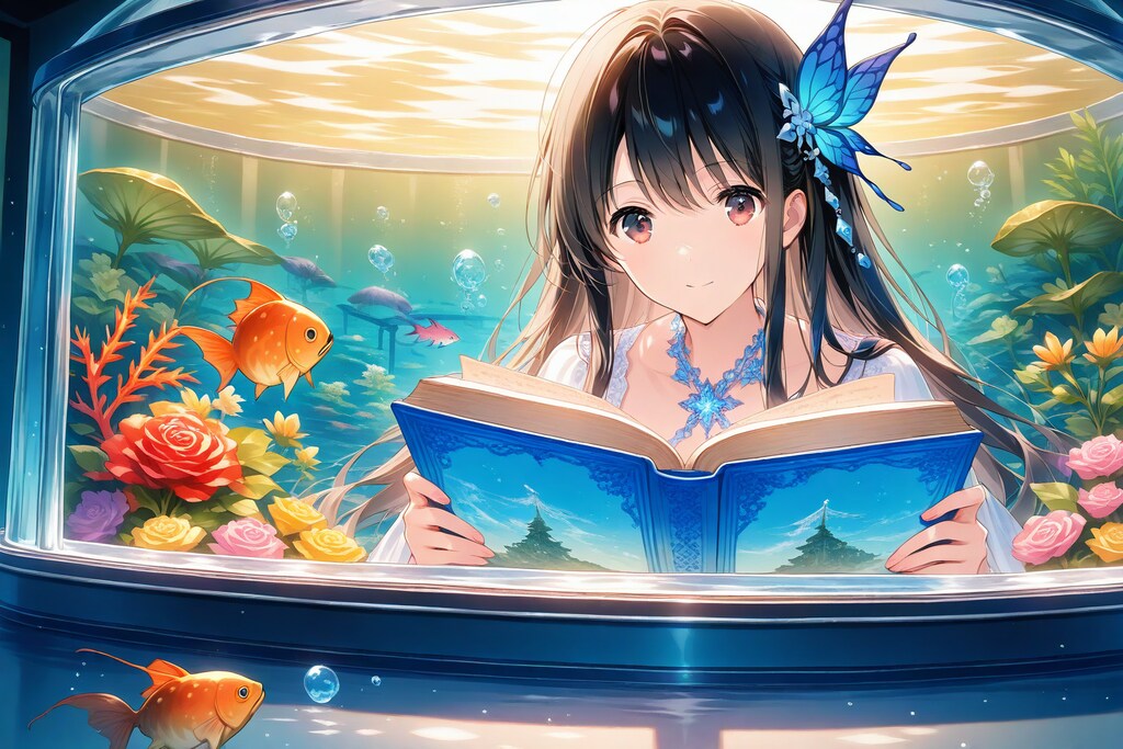 読書少女 in 水槽