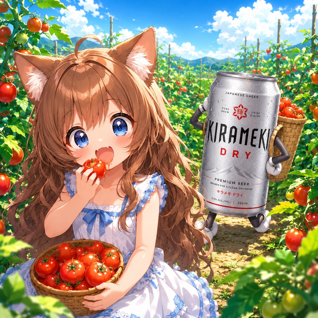 もぎたてのトマトを食べる小さな女の子