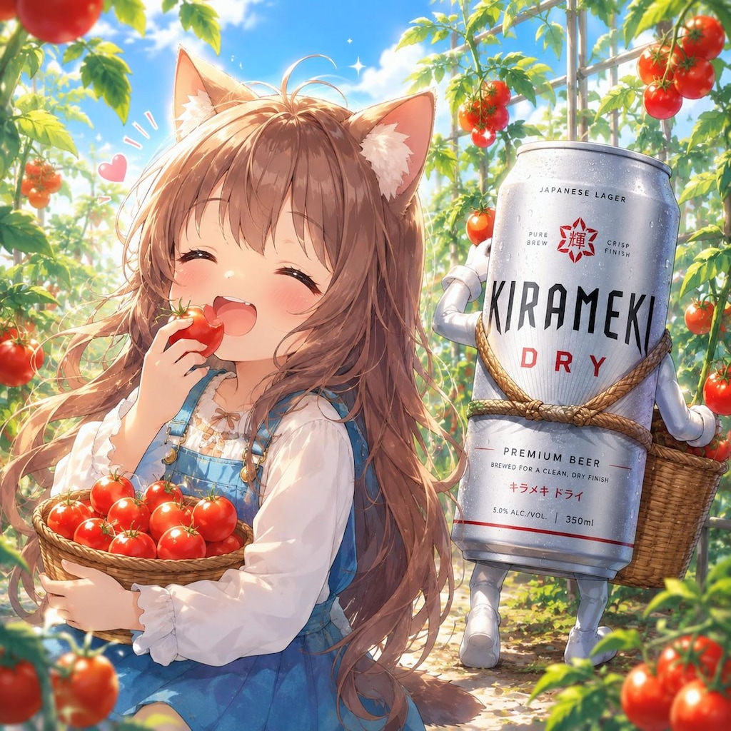 もぎたてのトマトを食べる小さな女の子