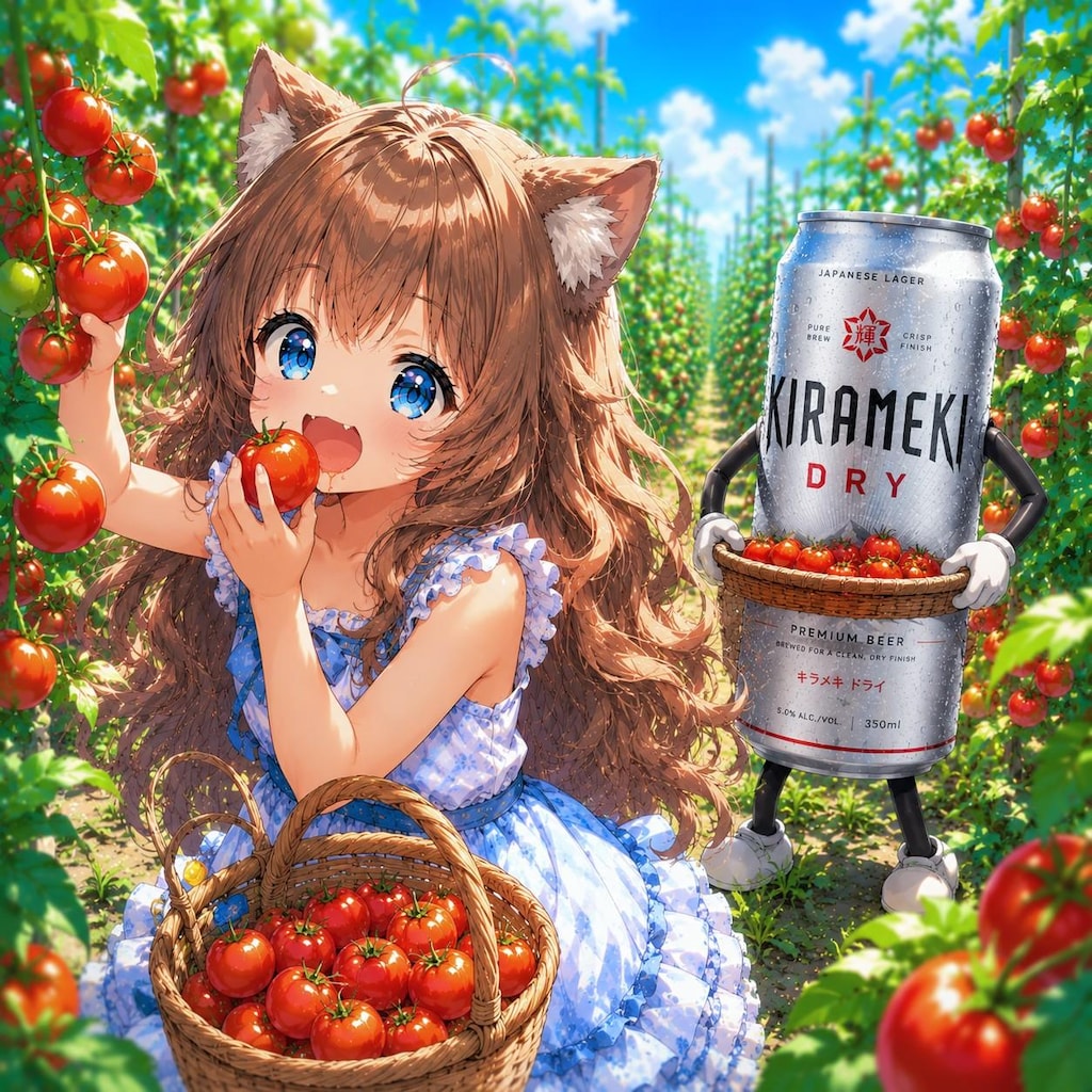 もぎたてのトマトを食べる小さな女の子