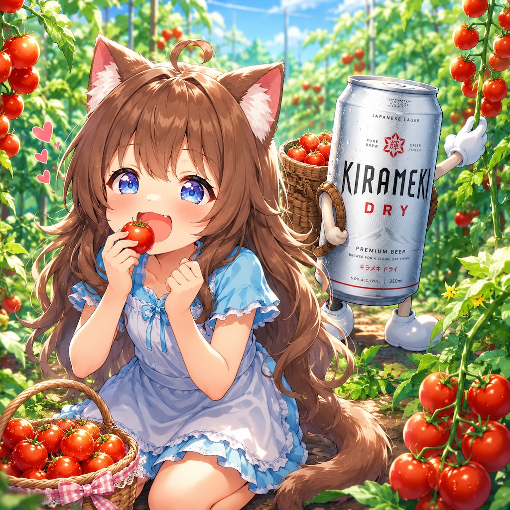 もぎたてのトマトを食べる小さな女の子
