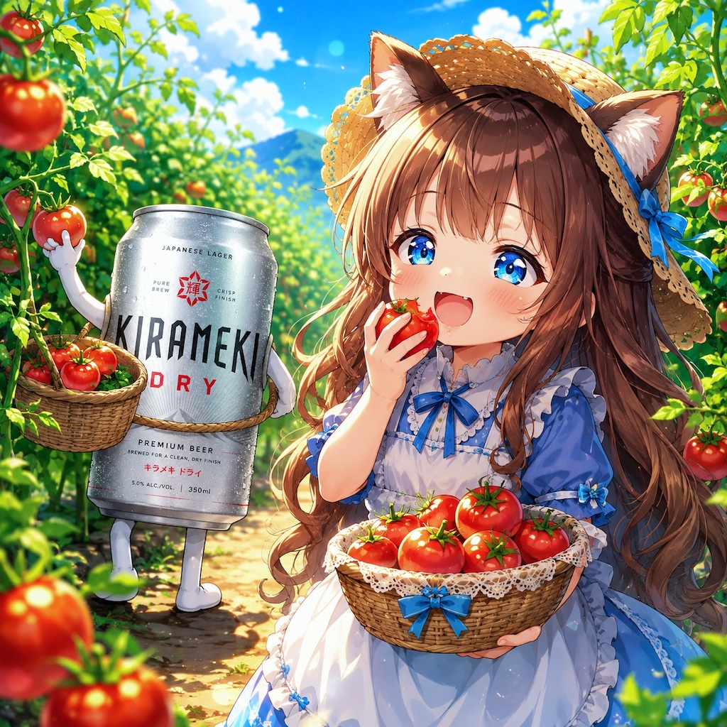 もぎたてのトマトを食べる小さな女の子