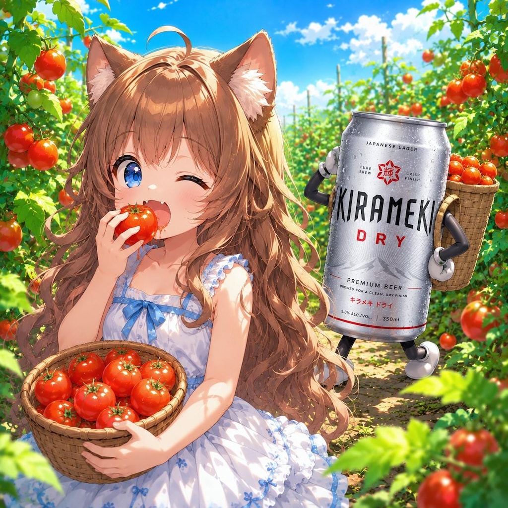 もぎたてのトマトを食べる小さな女の子