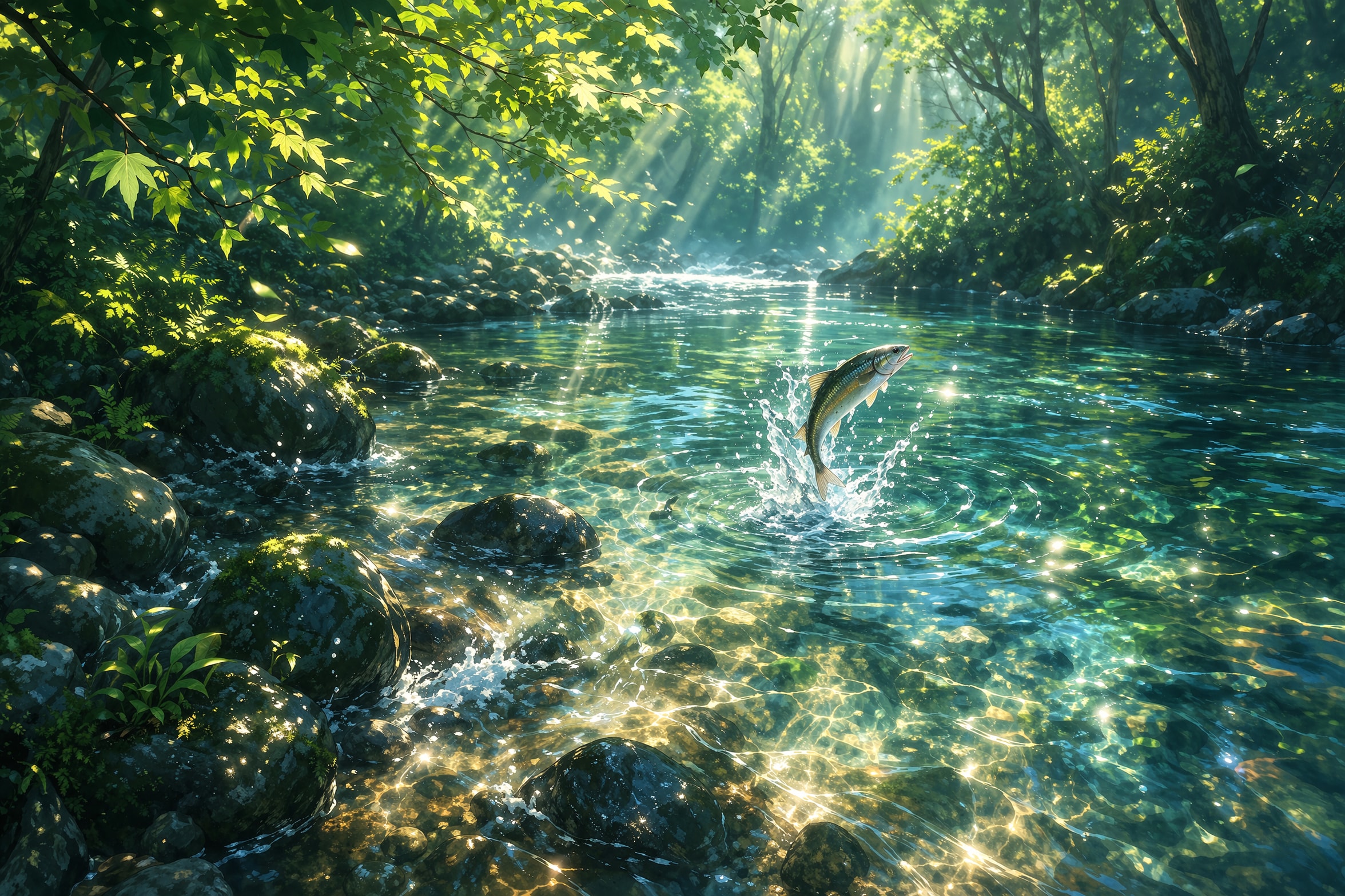 渓流とコースティクスと木漏れ日 | の人気AIイラスト・グラビア