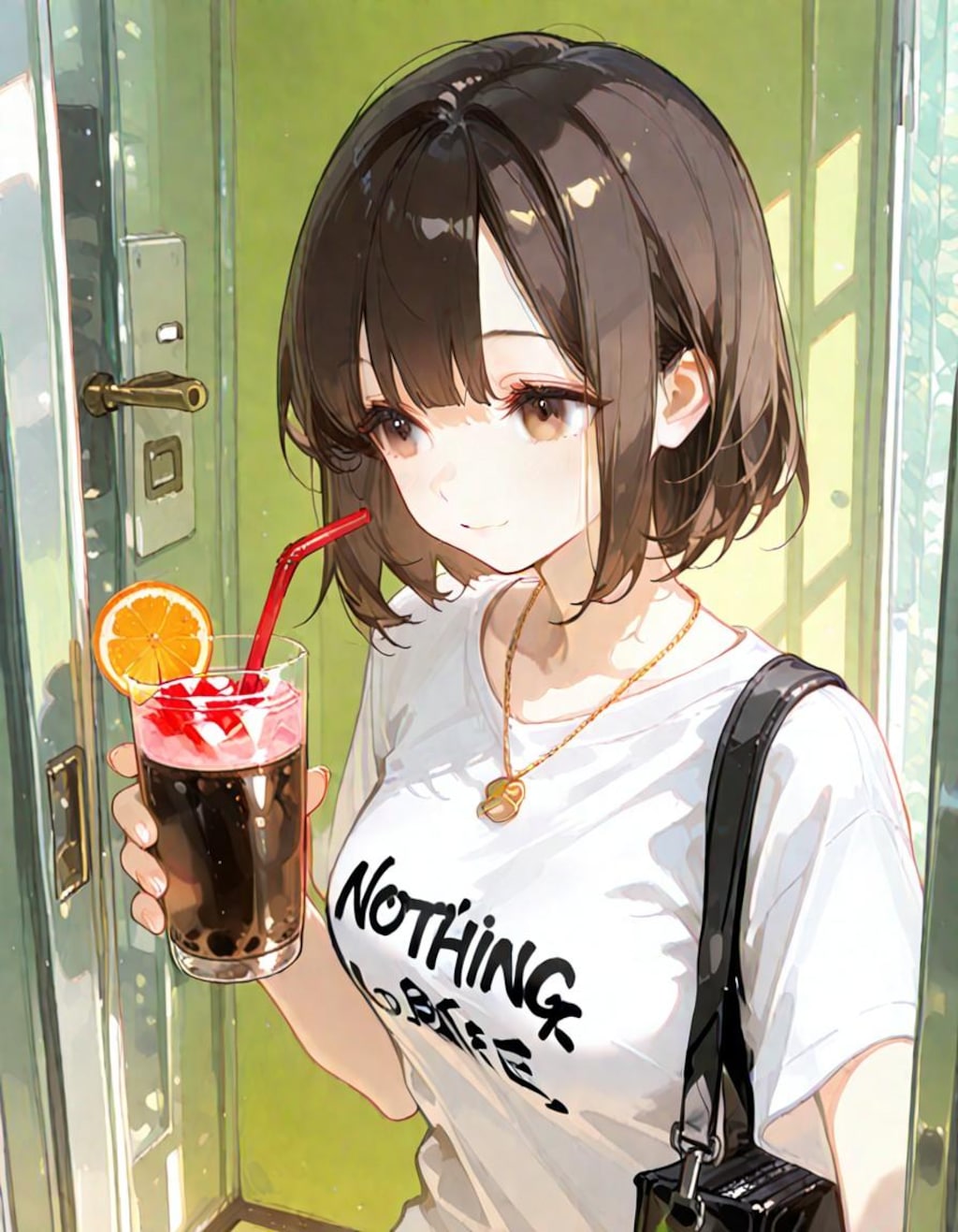 飲み物を持って移動中