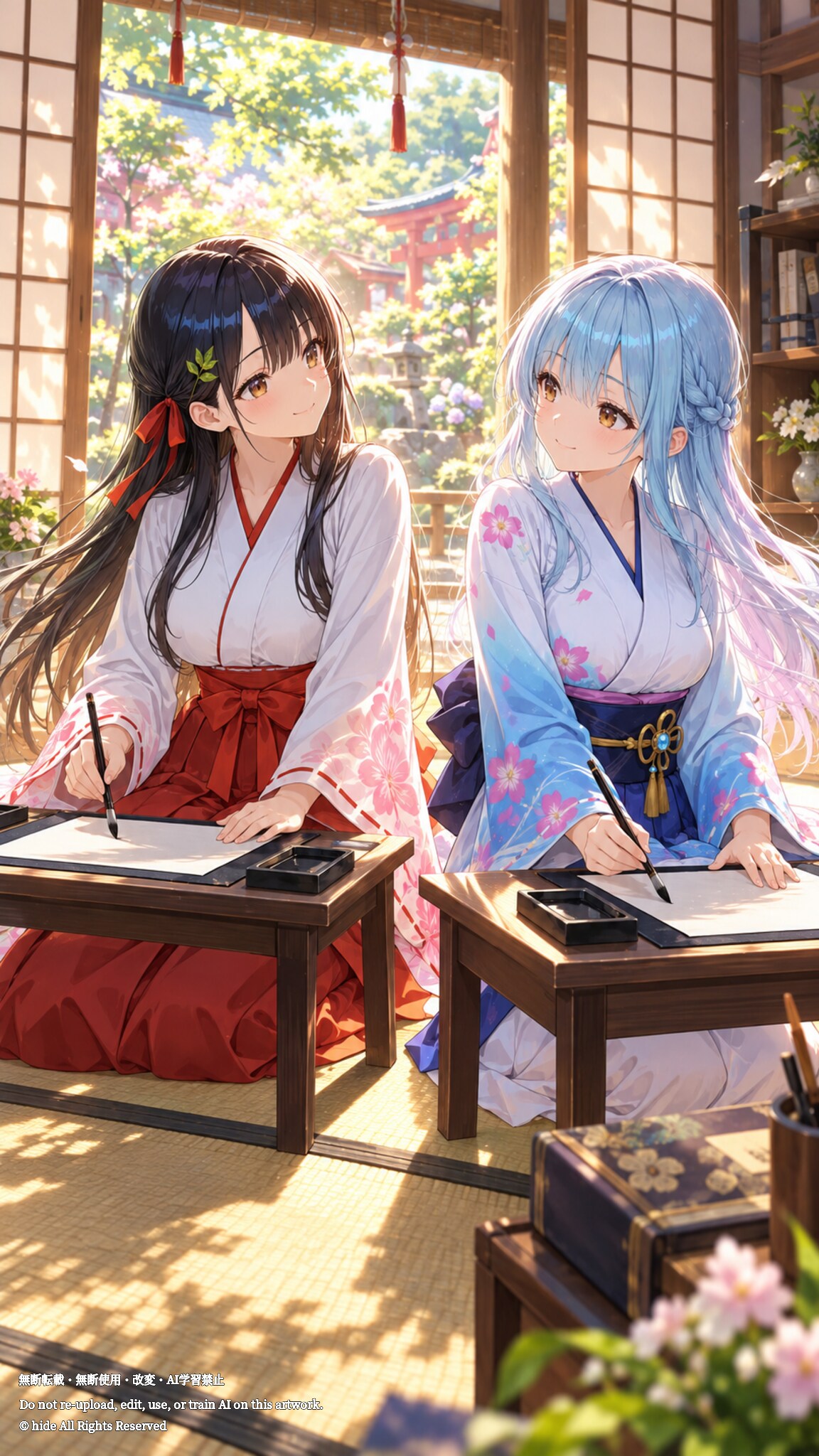 神楽さんとサラスヴァティさん、書道にいそしんで | の人気AIイラスト・グラビア