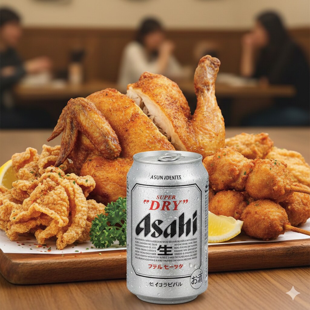 【晩飯】若鶏の半身揚げ、唐揚げ棒、鶏皮チップス、キンキンのやつ