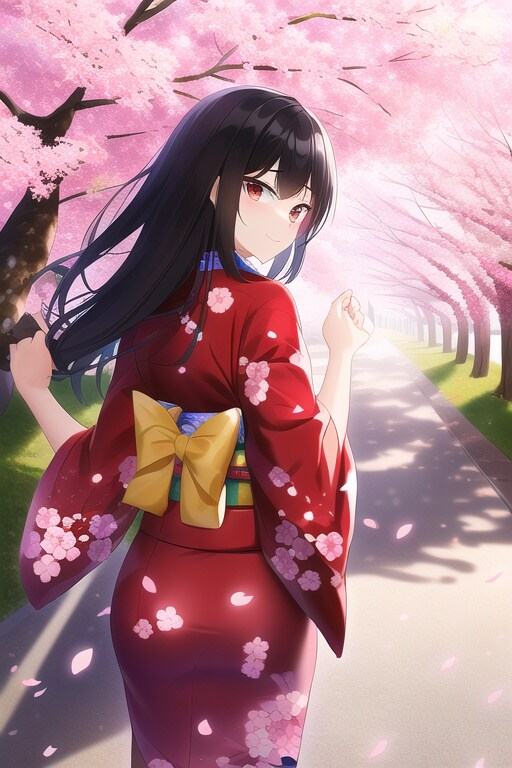 桜道を歩く黒髪ロングの少女