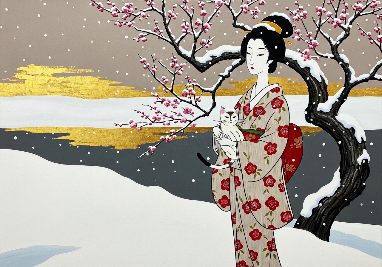 金泥を用いる・日本画風・flatcolor・抽象絵画・シュールな構図 | の人気AIイラスト・グラビア