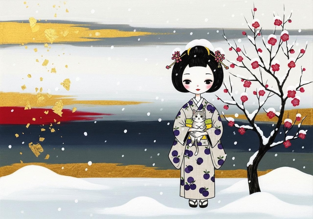 金泥を用いる・日本画風・flatcolor・抽象絵画・シュールな構図