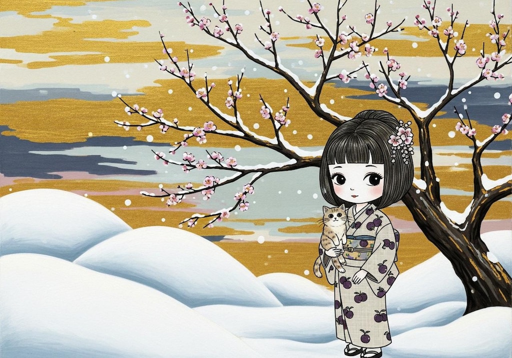 金泥を用いる・日本画風・flatcolor・抽象絵画・シュールな構図