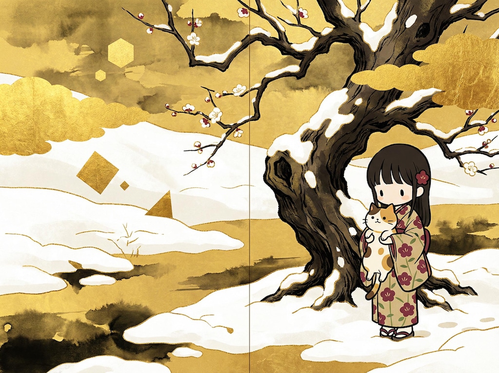 金泥を用いる・日本画風・flatcolor・抽象絵画・シュールな構図