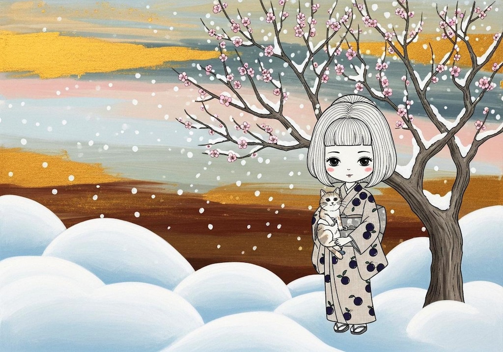 金泥を用いる・日本画風・flatcolor・抽象絵画・シュールな構図