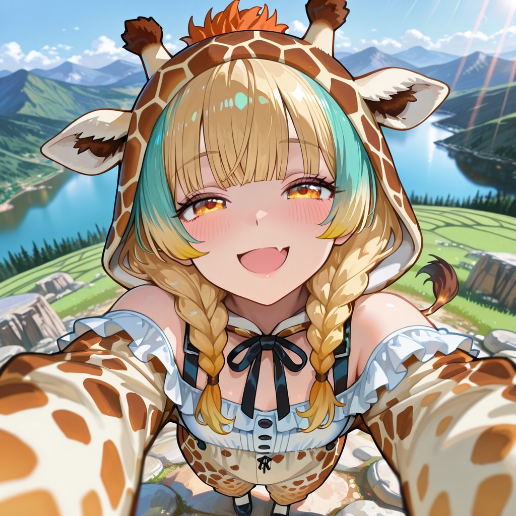 山と湖とキリンフーディーお姉さんとこっそりちび子ちゃん