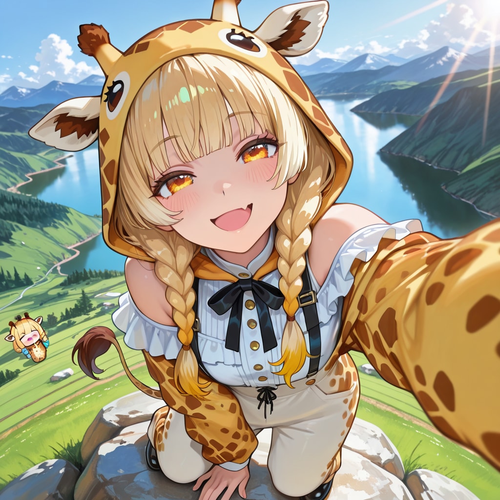 山と湖とキリンフーディーお姉さんとこっそりちび子ちゃん | の人気AIイラスト・グラビア