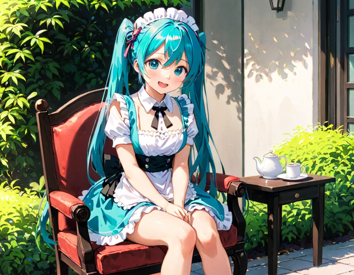 椅子に座るメイド服ミクさん