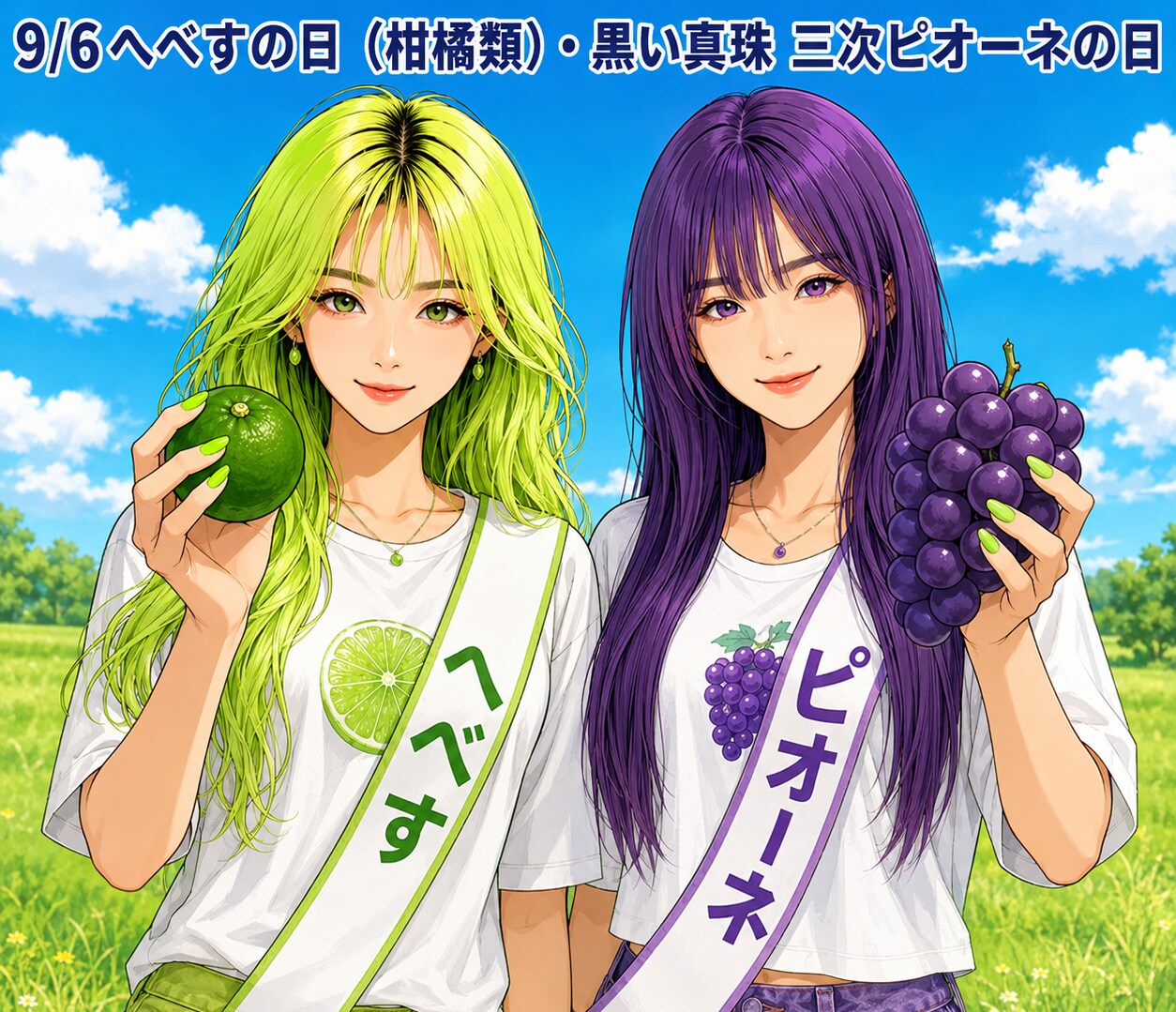 9/6 果実ペア（ライム🍋‍🟩、ピオ🍇） | の人気AIイラスト・グラビア