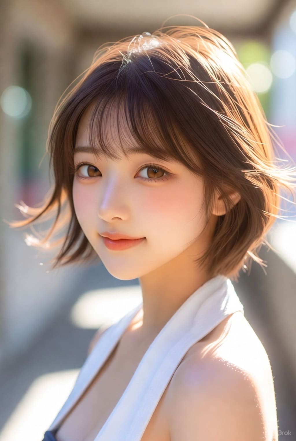 茶髪ボブでタオルの美女