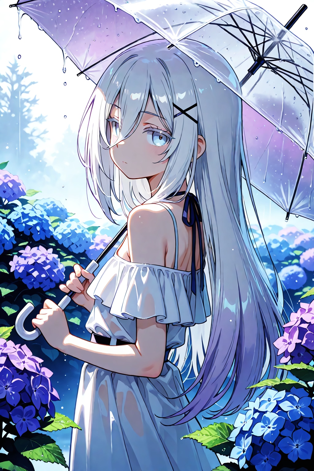 紫陽花に 溶け込む少女 雨の朝