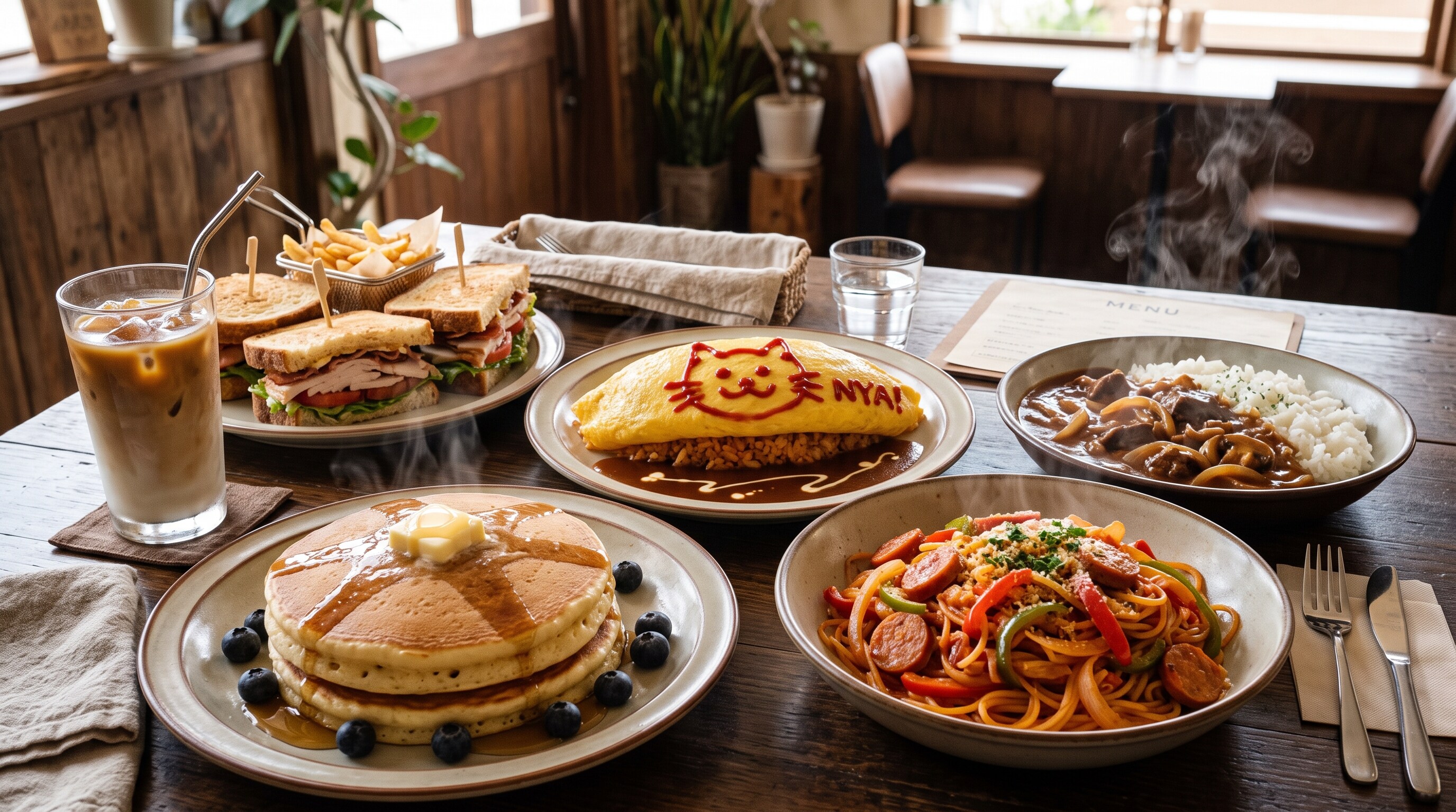 摩訶不思議食堂のデザートのホットケーキ付き喫茶店メニューセット | の人気AIイラスト・グラビア