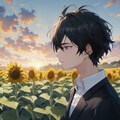 夕焼けの向日葵畑と佇む黒髪短髪男性（12枚） 11枚目