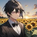 夕焼けの向日葵畑と佇む黒髪短髪男性（12枚） 8枚目