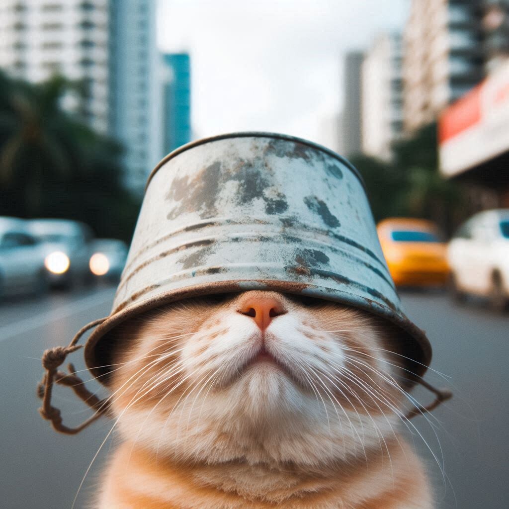 バケツを被った猫
