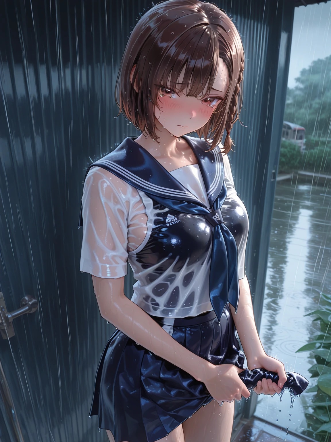 ずぶ濡れで雨宿り