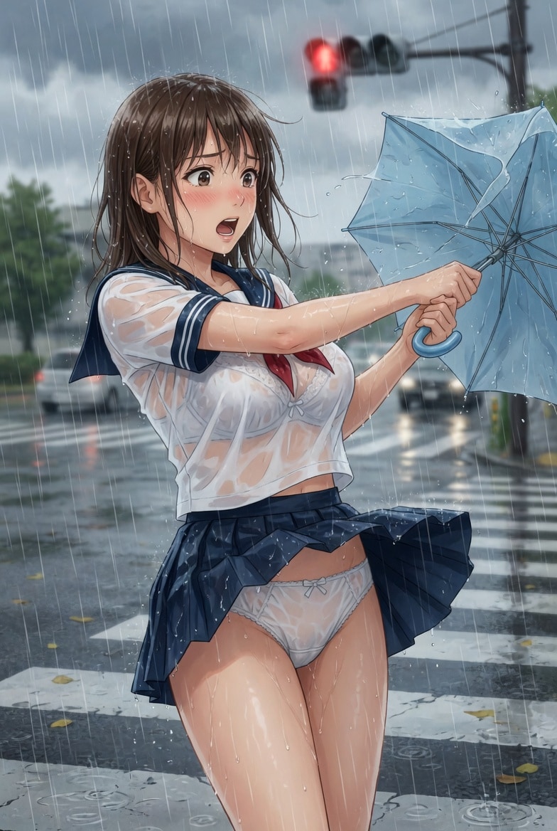雨と風が強くてずぶ濡れになる女子高生