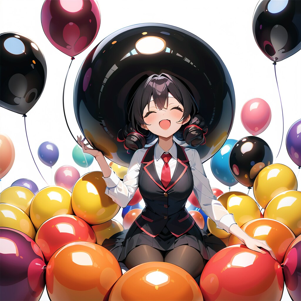 部屋の中で黒い巨大風船を膨らませる銀行店員さん | の人気AIイラスト・グラビア