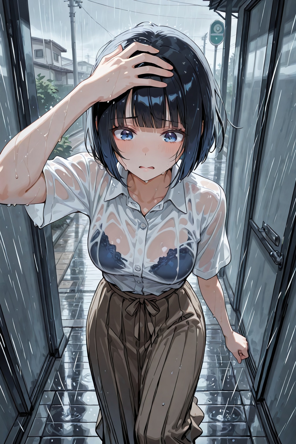 急な雨に打たれた黒髪栞さん