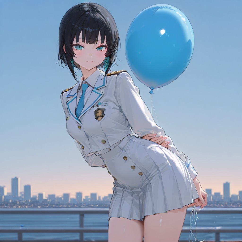 青い風船を持つ海兵服着た黒髪ショートカットの美女。