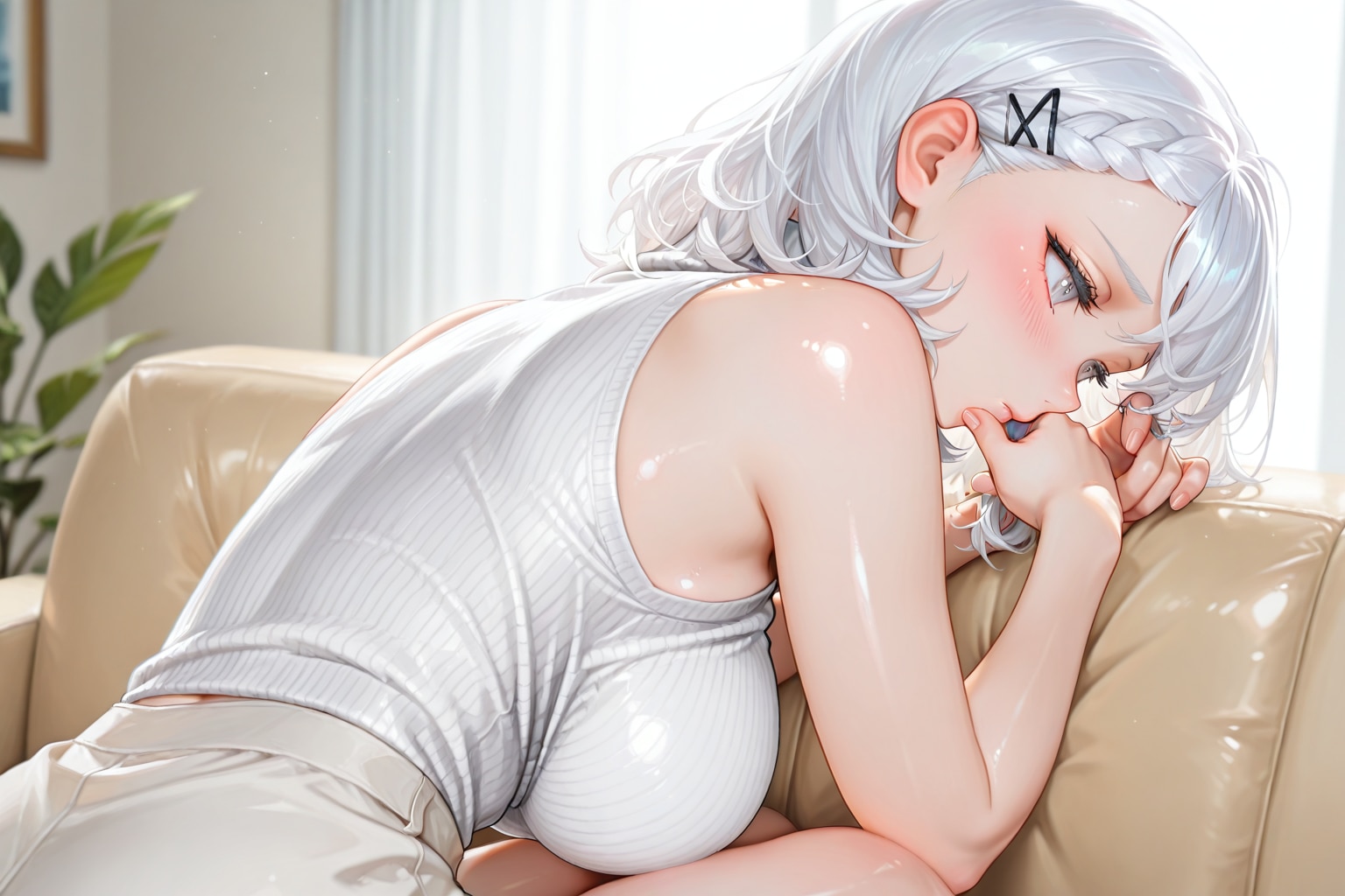 前髪を編み込みした真っ白お姉さん