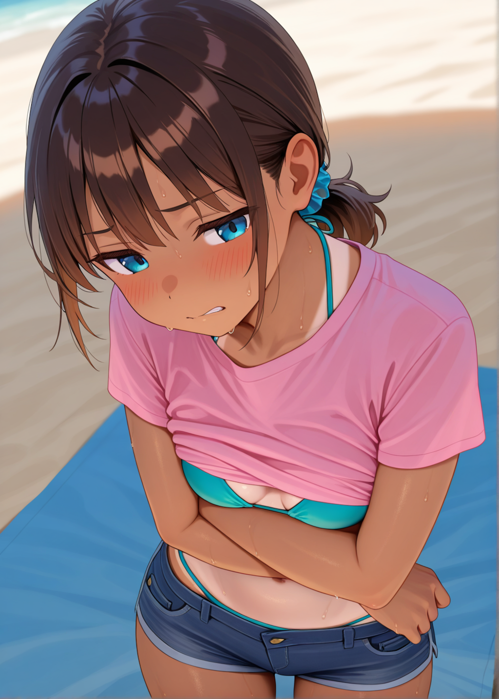 日焼け跡を恥ずかしがる水着の娘