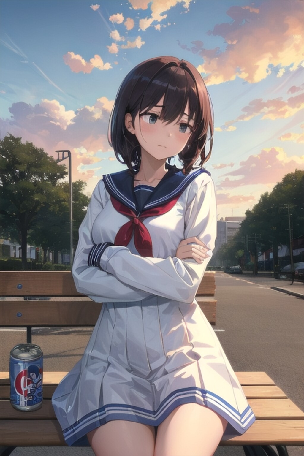 夕方の公園で何かを考える女の子