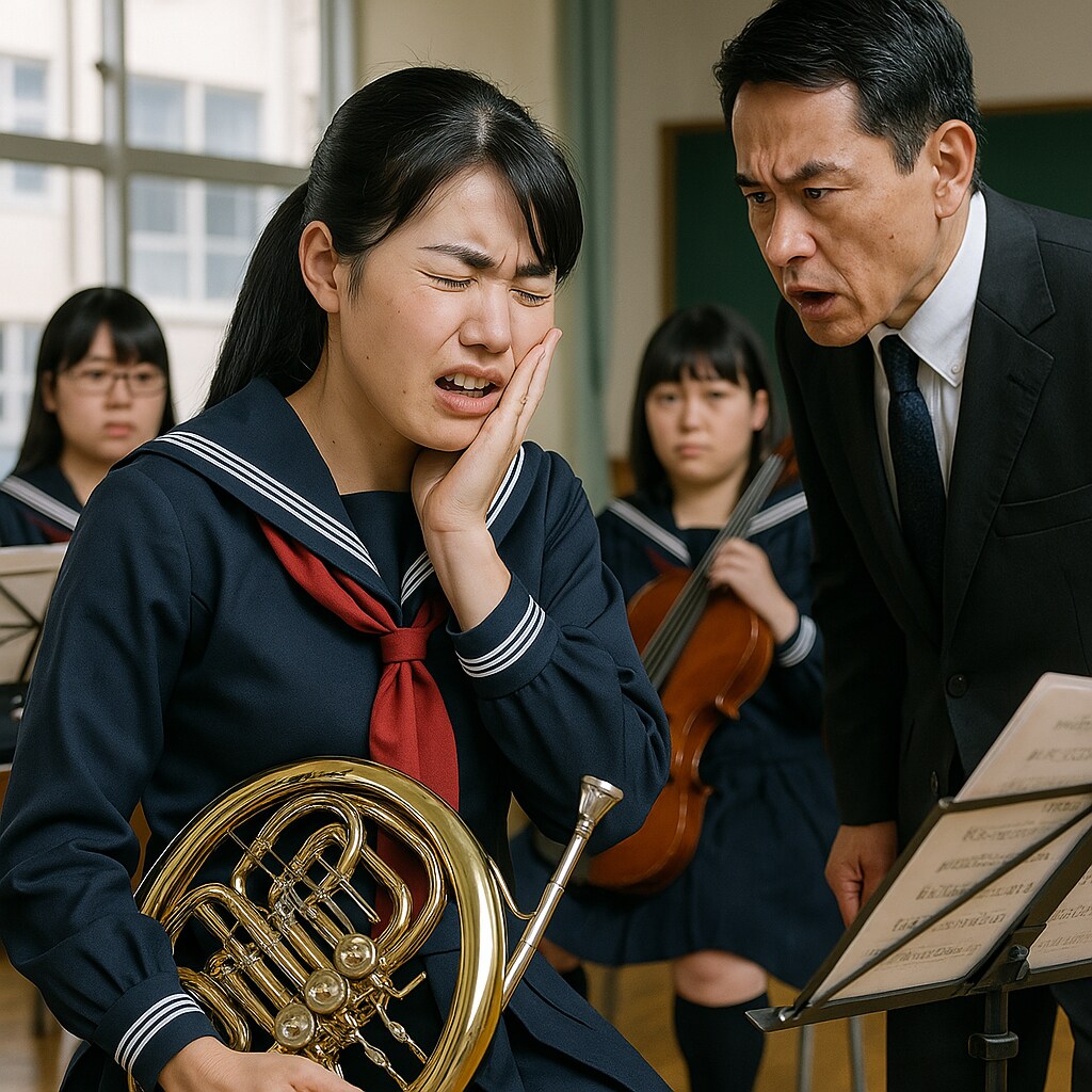 部活中に歯痛に襲われる女子高生吹奏楽部員
