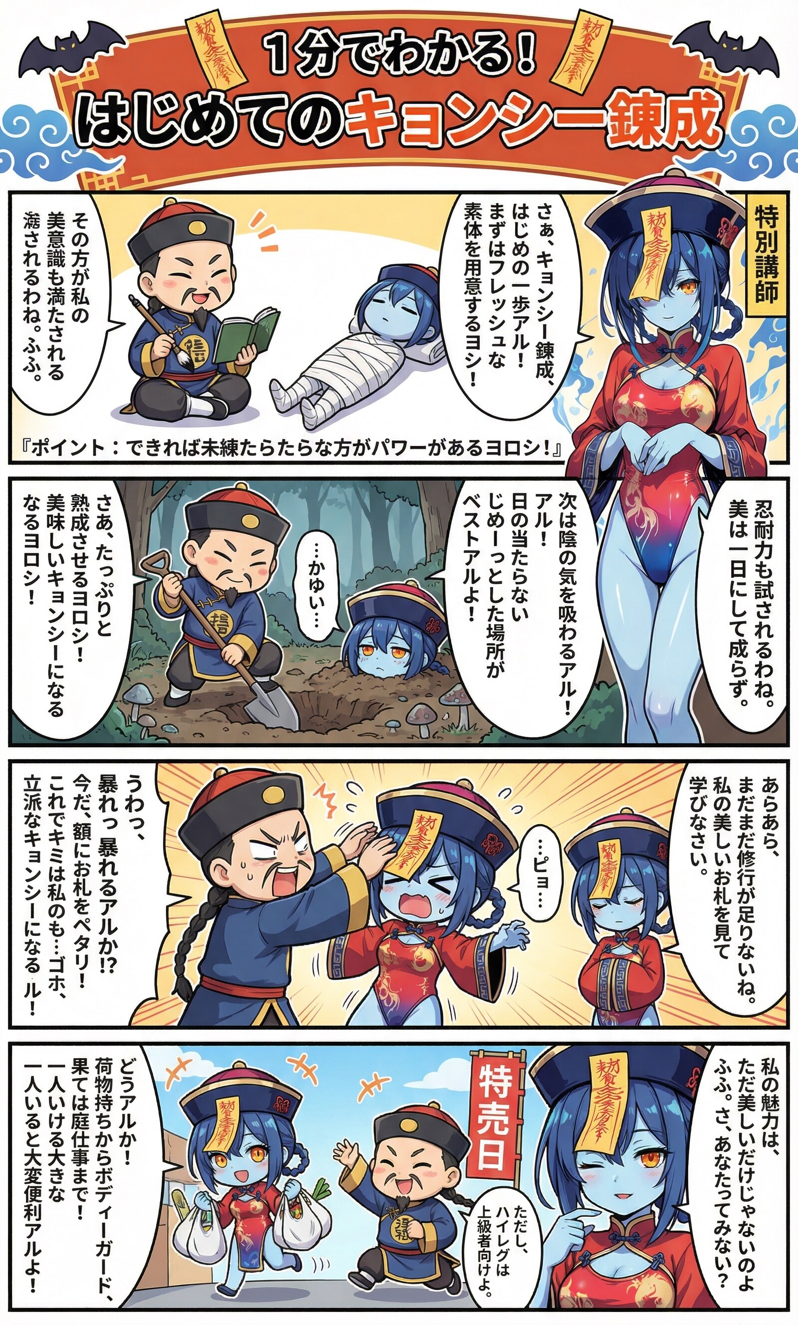 師匠が残してくれた傑作美少女キョンシー「ハイレグキョンシーちゃん」と同等の美少女キョンシーを作りたい見習い道士！・・ハイレグキョンシーちゃん自身を講師に迎え！いざチャレンジ！