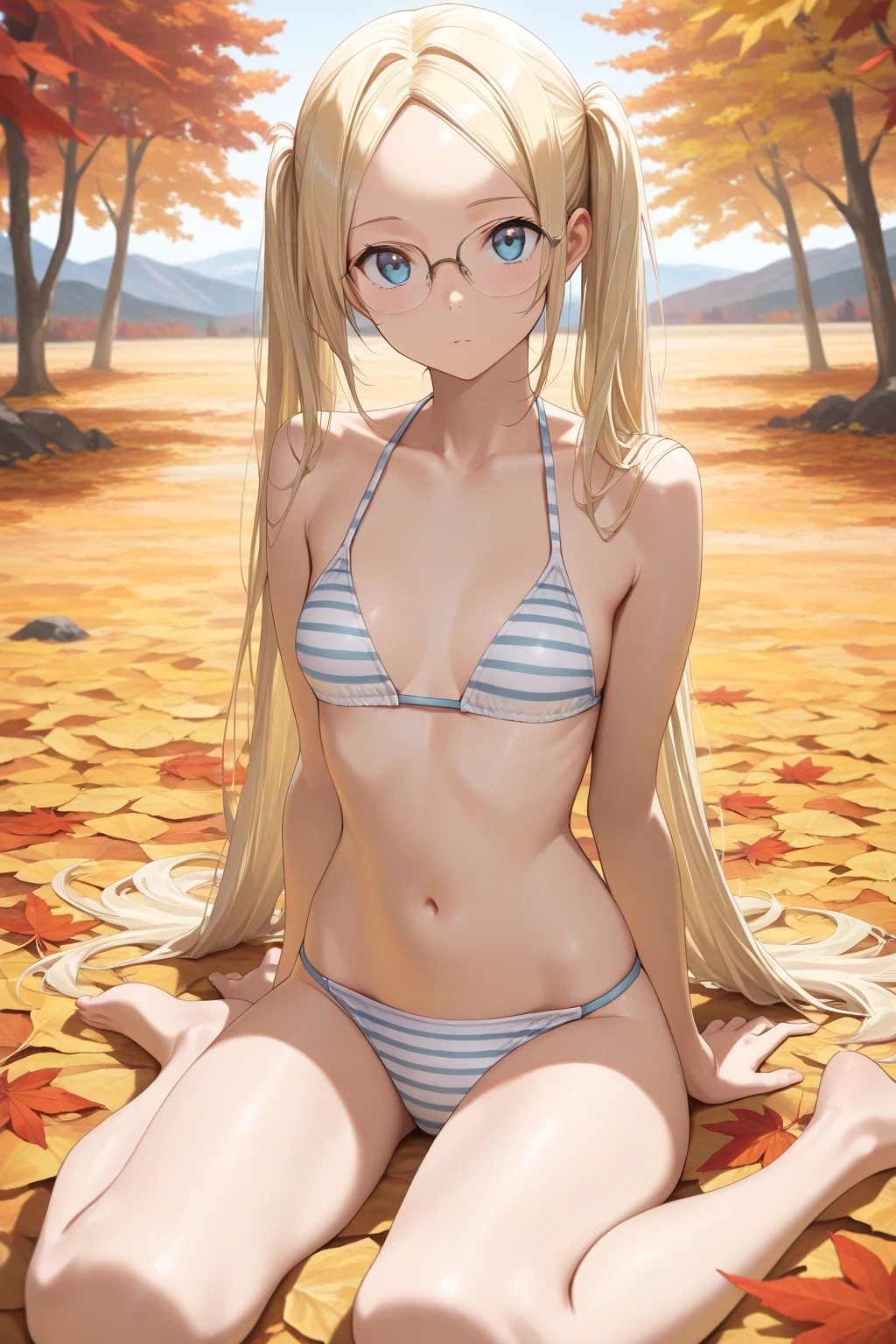 秋と眼鏡とストライプ水着