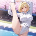 桜の下でパーカー長袖ハイレグレオタード姿の金髪ショート新体操美少女 4枚目