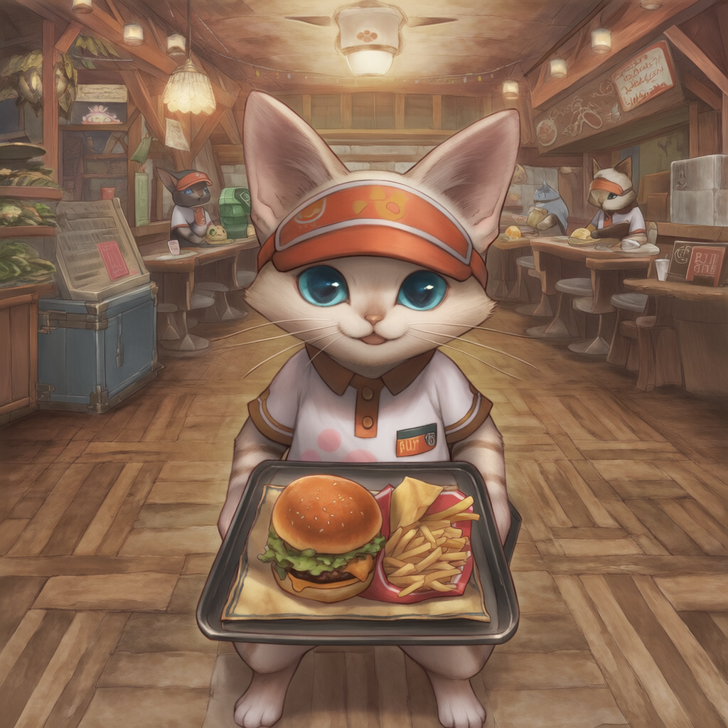 ファストフード店で働くアイルー