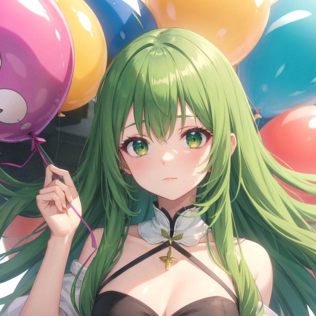 いっぱい風船を持つ緑髪ロングの天使の美女。