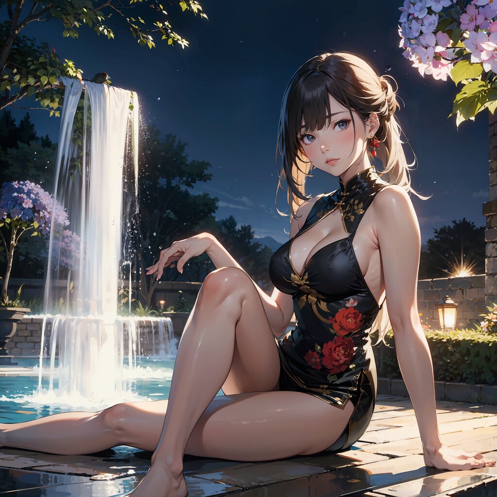 生足魅惑のチャイナ服　噴水と紫陽花を添えて