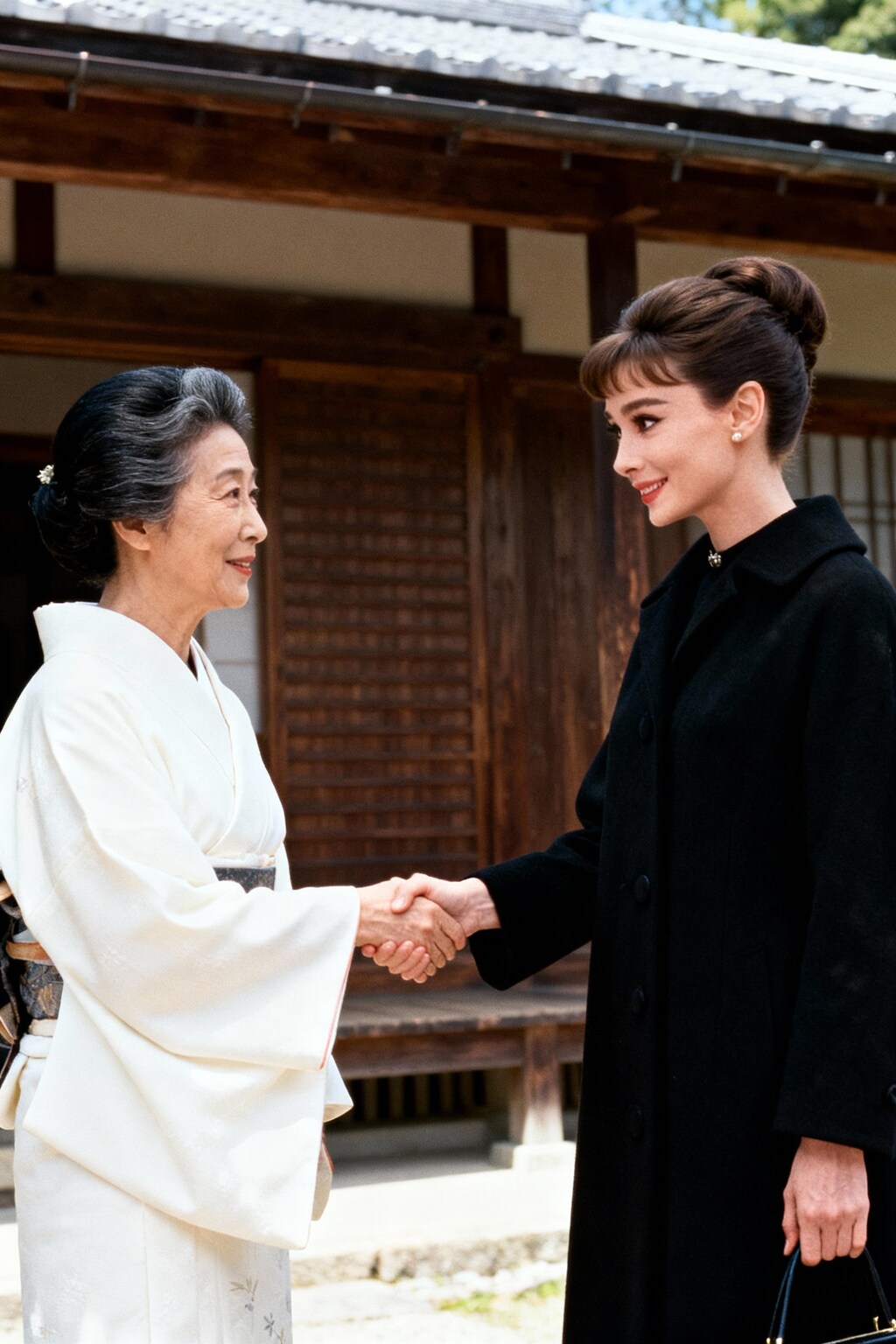 オードリーヘプバーンと鳳蘭が握手をする様子