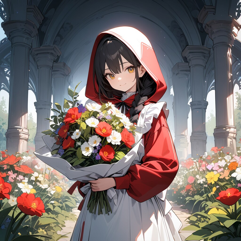 花束を持つおさげ赤頭巾