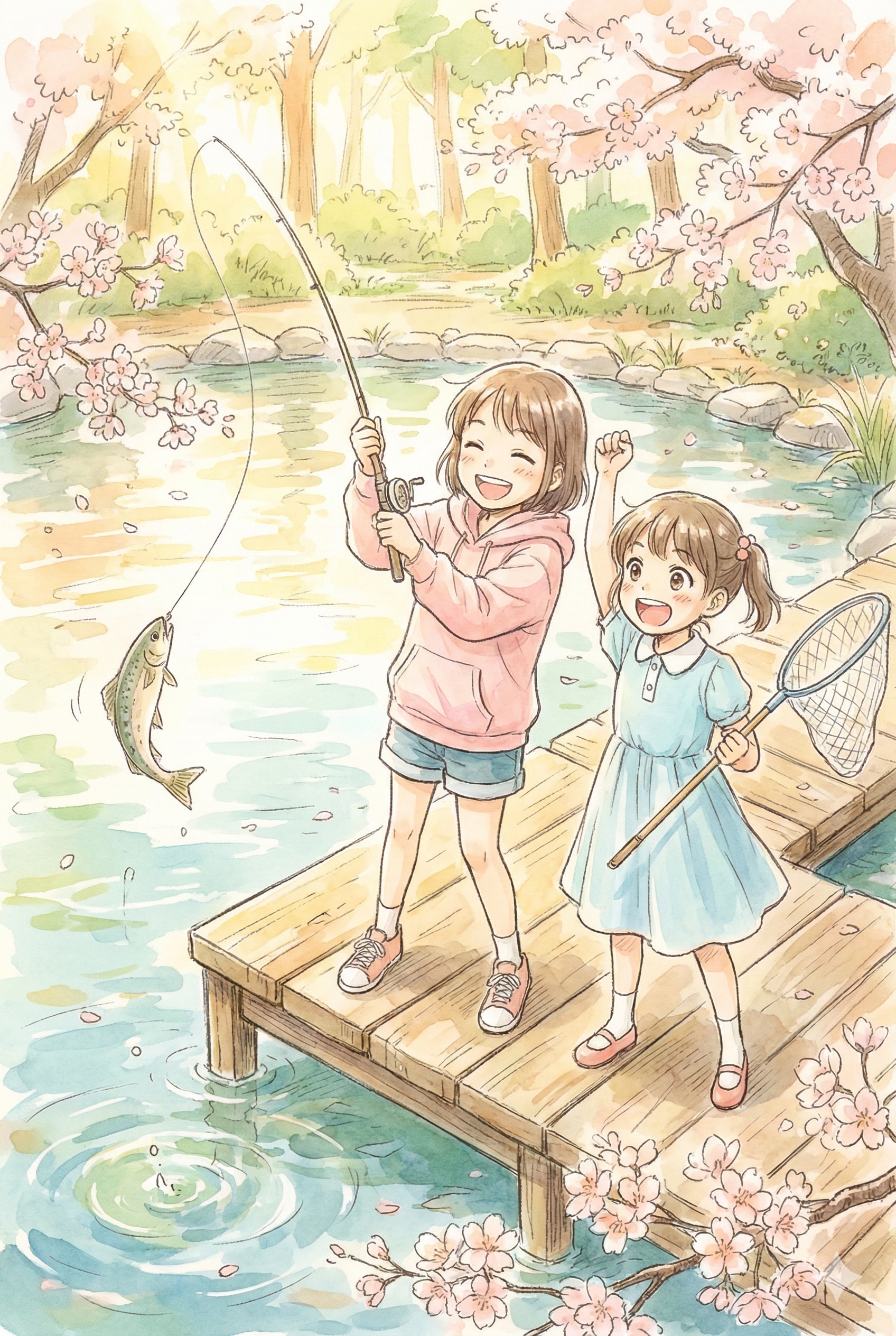 美少女姉妹がニジマス釣り🎣 | の人気AIイラスト・グラビア