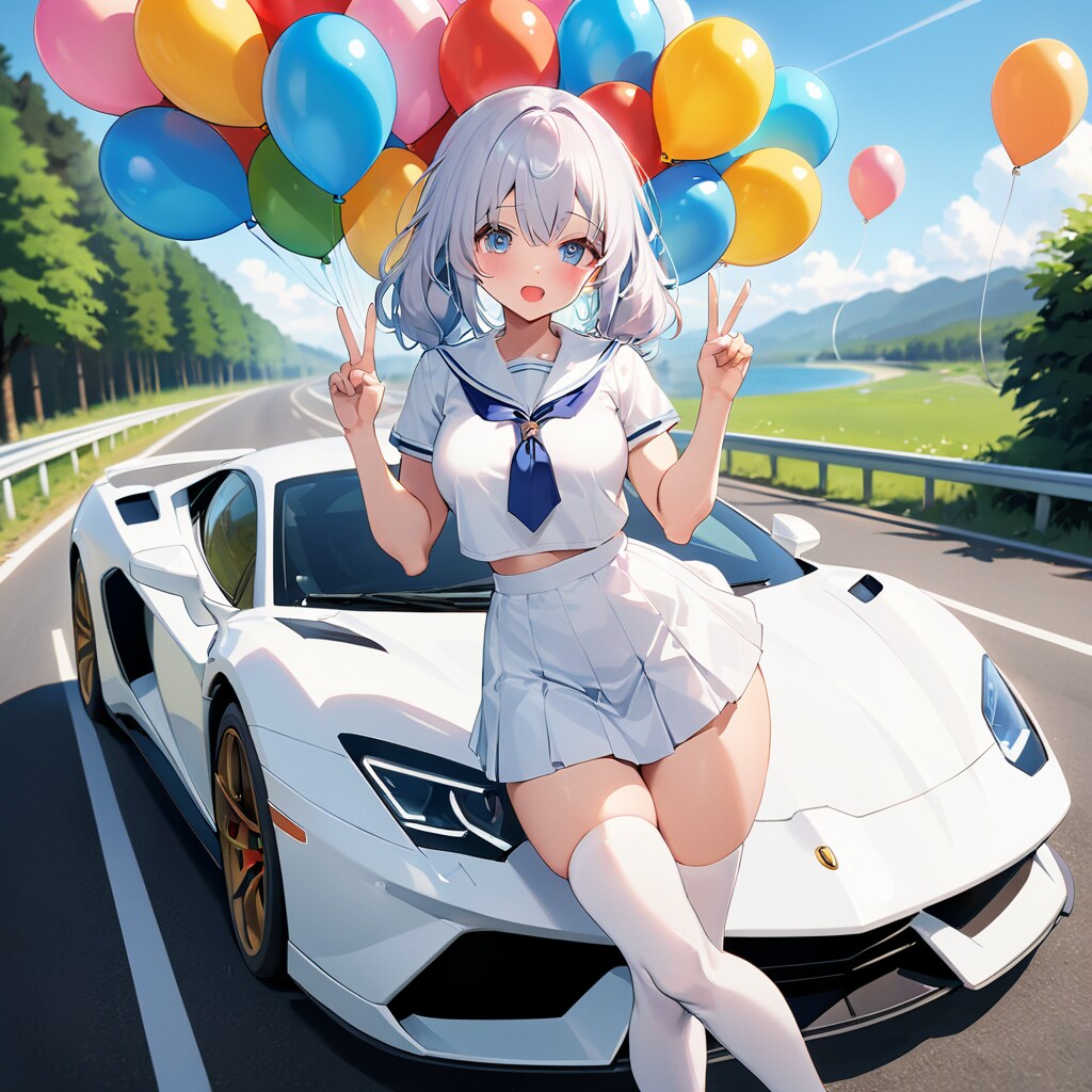 女子高生とスーパーカーと沢山の風船。 | の人気AIイラスト・グラビア