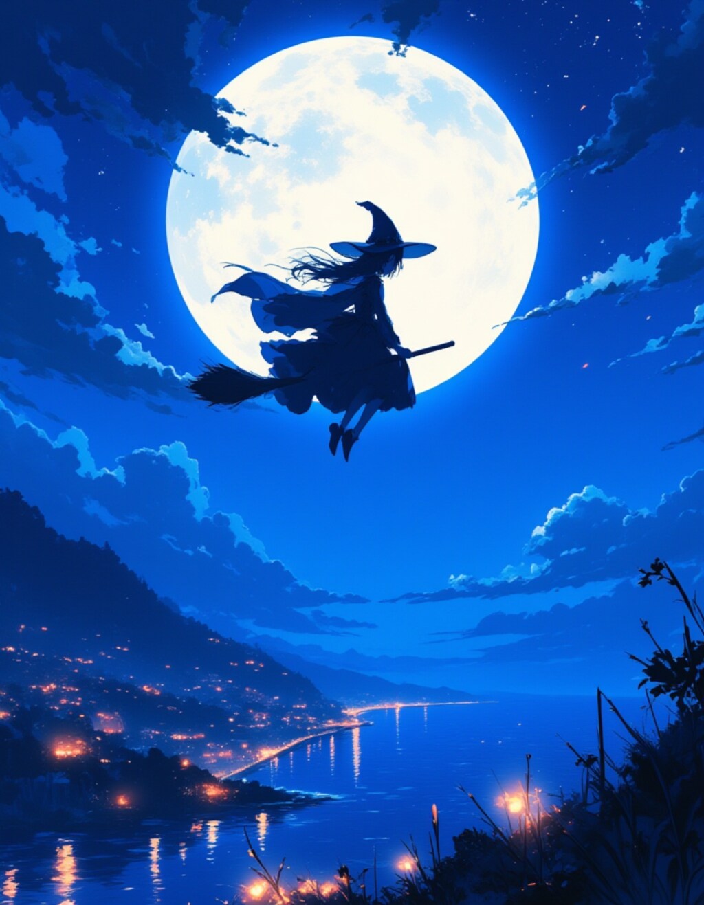 中央に配置された魔女と幻想的な満月の夜景